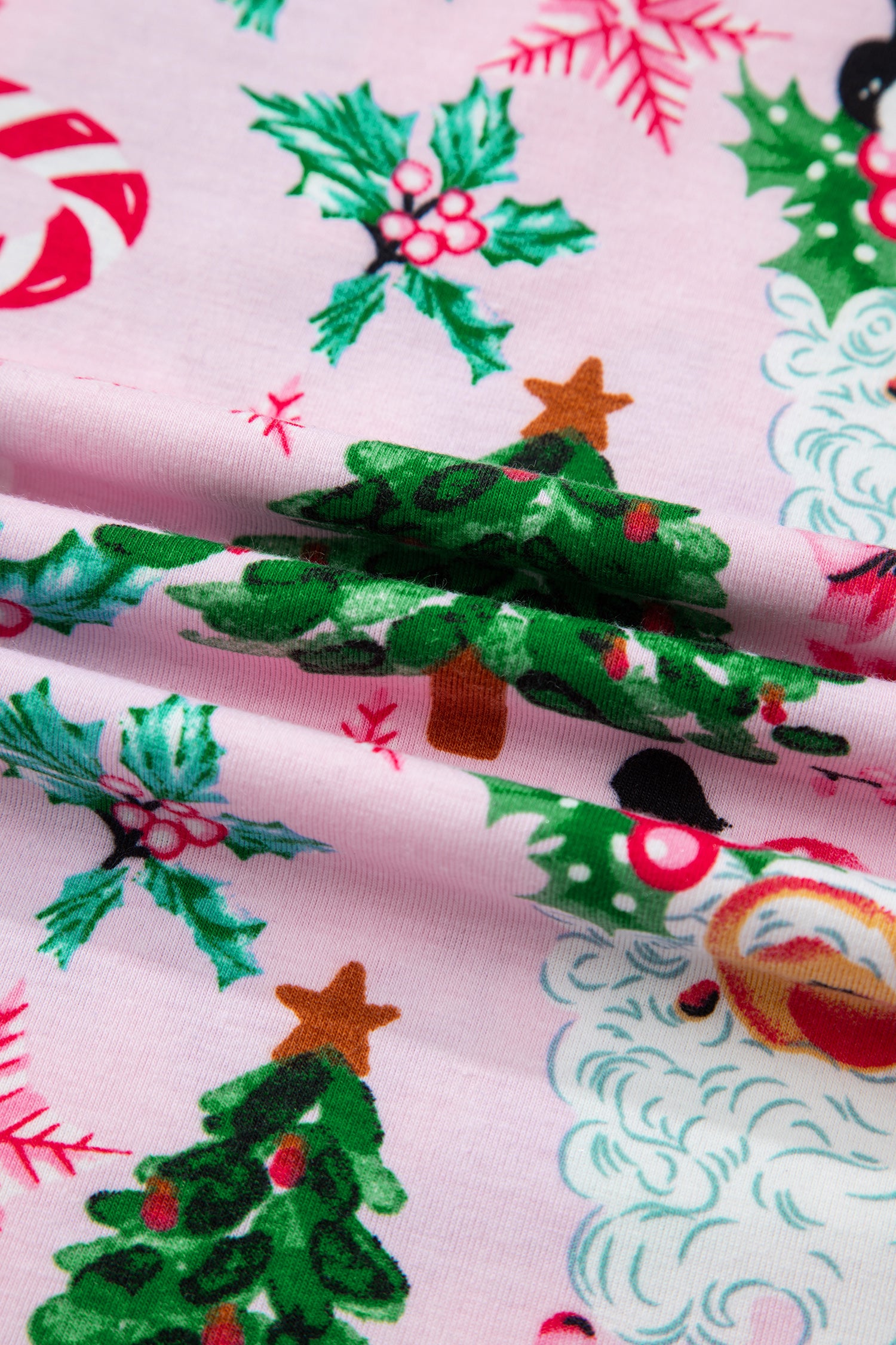 Pink Christmas Pattern Button V-Neck Pullover & Drawstring Pants Lounge Set – 2 Piece