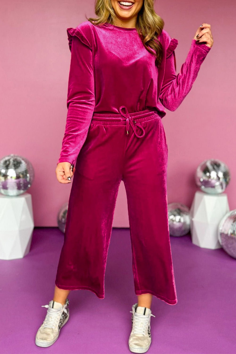 Rose Red Solid Velvet Ruffled Two Piece Pants Set - Naughty Girl Essentials