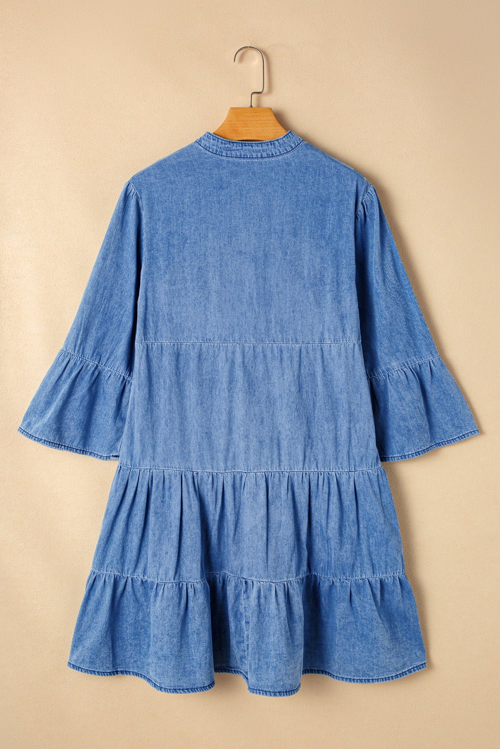 Black Chambray Ruffled 3/4 Sleeve Tiered Split V Neck Mini Dress - Naughty Girl Essentials