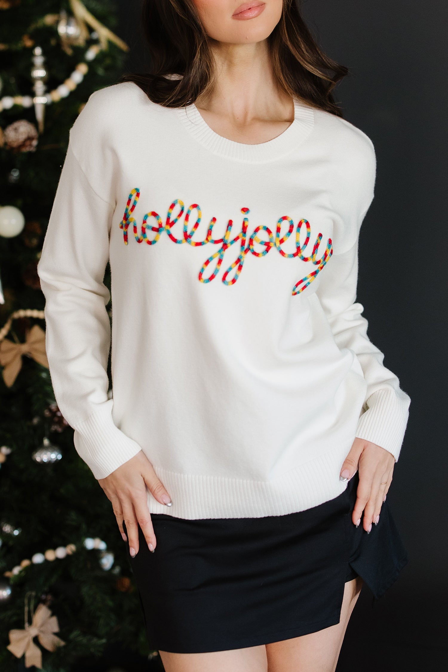 Beige Colorful “Holly Jolly Christmas” Knit Loose Sweater