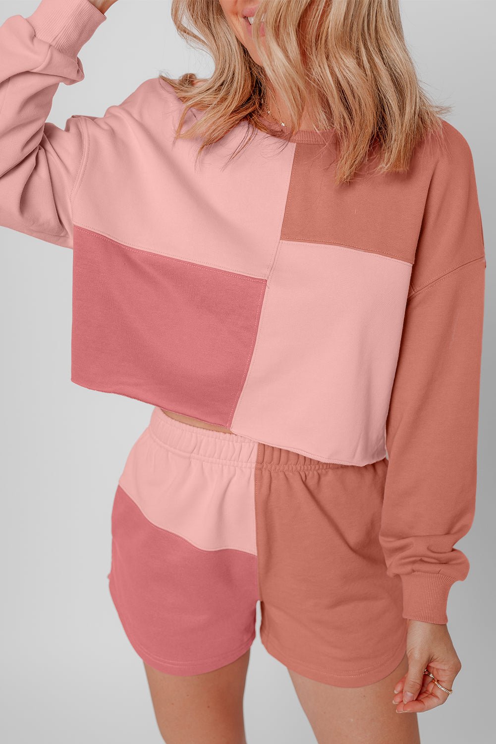 Peach Blossom Colorblock Patchwork Long Sleeve Shorts Outfit - Naughty Girl Essentials